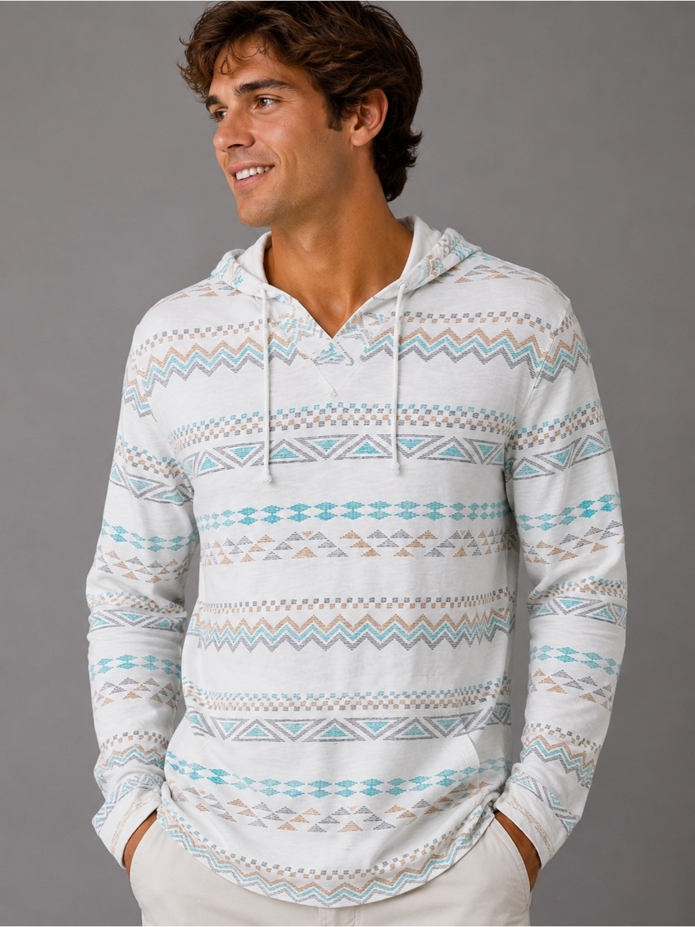 Aeropostale Baja Hoodie – Men’s Large – White Tribal Print Pullover
